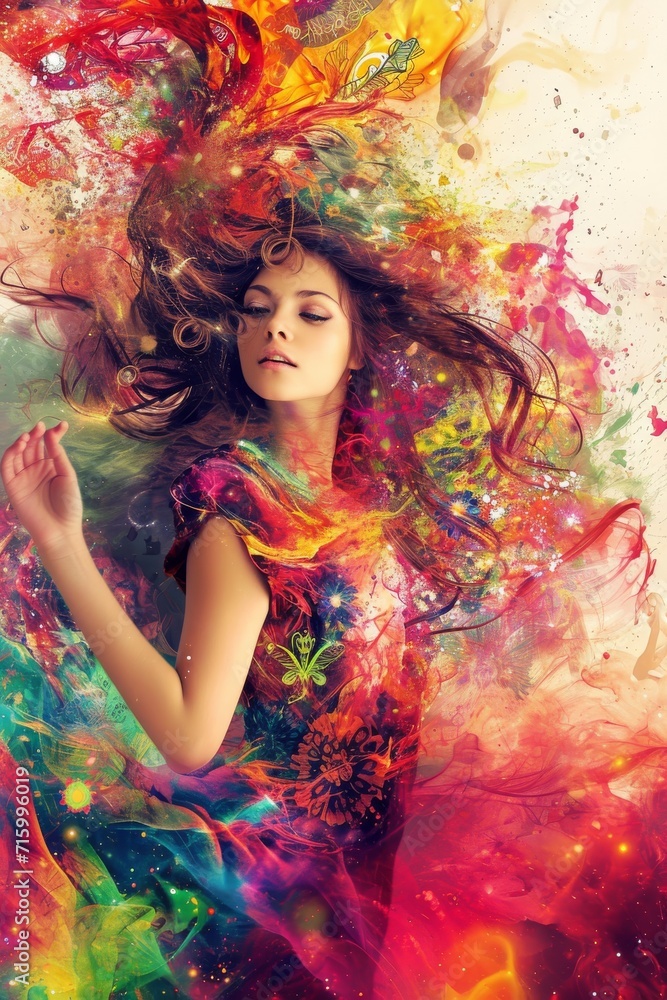 A vibrant woman's face becomes a canvas for her inner artistry, with splashes of acrylic paint forming a portrait that reflects her colorful and creative soul A vibrant woman's face becomes a canvas for her inner artistry, with splashes of acrylic paint forming a portrait that reflects her colorful and creative soul