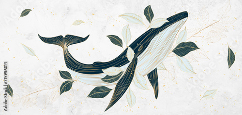 Luxury art background with a whale in the leaves of a tree in a golden line art style. Vector abstract animalistic banner for decoration, print, wallpaper, textile, poster, interior design.
