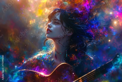 A passionate musician captivates the audience with her guitar, pouring her heart and soul into each note as her human face radiates pure musical expression at the concert