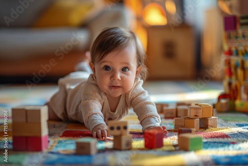 Baby Playing With Wooden Blocks on the Floor