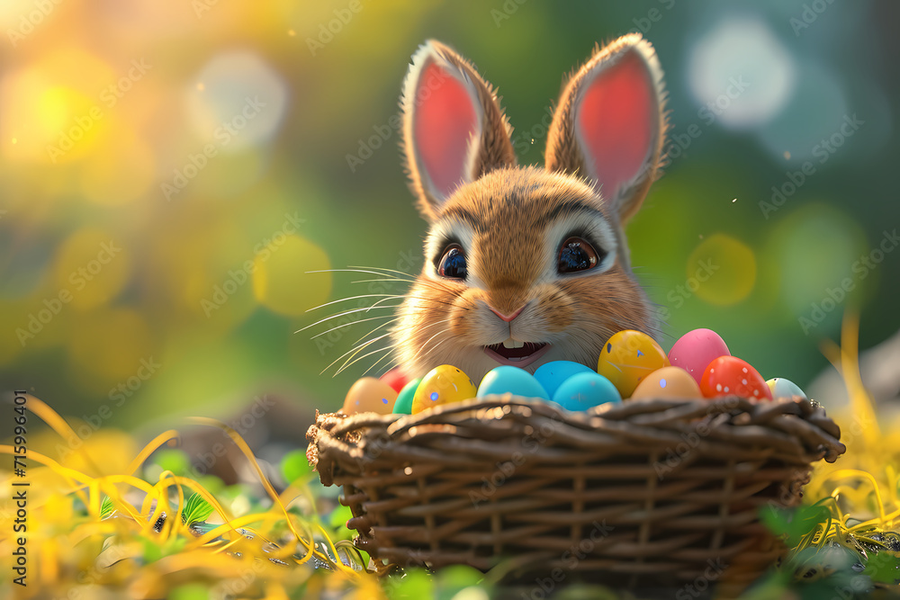 A domestic rabbit adorably dressed as the easter hare with a basket of eggs, surrounded by the beauty of nature and showcasing the diversity of rabbit species A domestic rabbit adorably dressed as the easter hare with a basket of eggs, surrounded by the beauty of nature and showcasing the diversity of rabbit species