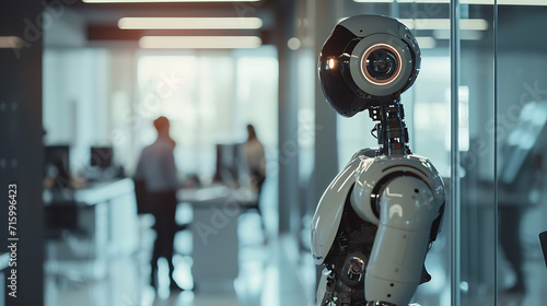 Um robô ultramoderno e elegante fica em um espaço de escritório movimentado sua estrutura metálica refletindo a luz ambiente photo