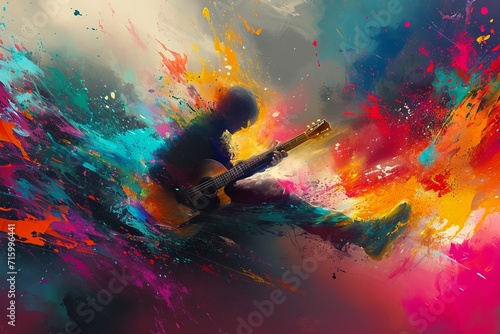 A vibrant display of musical expression as a person strums their guitar, surrounded by a colorful abstract painting created with bold strokes of acrylic paint