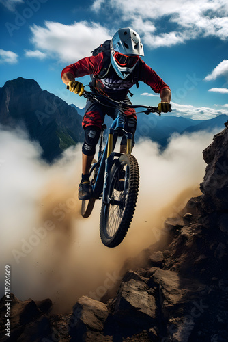 High Flying: A Mountain Biker’s Daredevil Stunt Against the Backdrop of Rugged Wilderness
