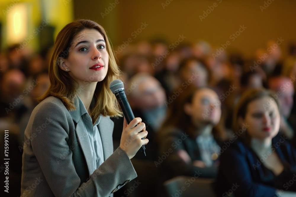 Woman Holding Microphone in Front of Crowd