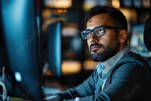 Man With Glasses Working on Computer