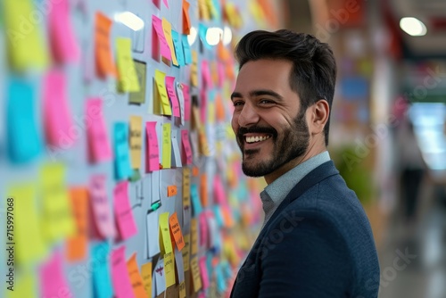 Smiling Man Beside Sticky Note Wall