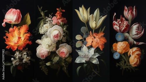 Set of bouquets of flowers on a black background