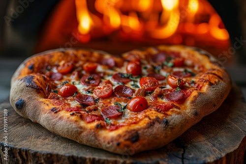 Heart shaped pizza with salami on wooden board 