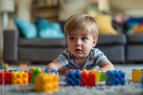 Little Boy Playing With Blocks on the Floor