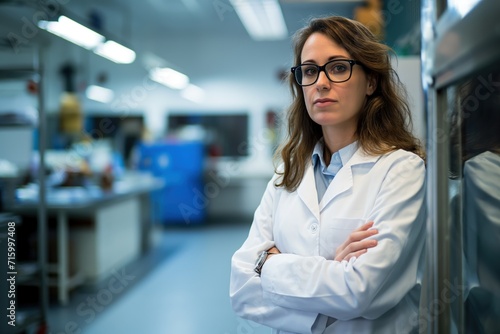 Woman in Lab Coat Leaning Against Wall