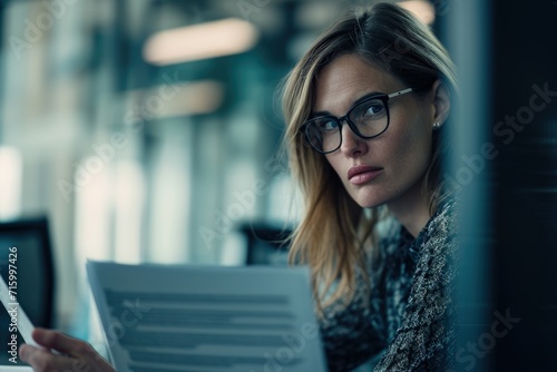 Woman Examining Paper Through Glasses