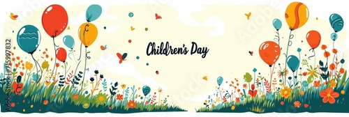 Children's Day text, colorful greeting card. International Children's Day photo