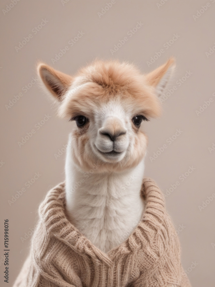 A llama poses in a warm llama wool sweater, studio photo. Joke illustration for advertisement of knitted products made of animal hair.