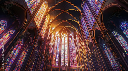An image capturing the ethereal beauty of a Gothic cathedral, with its stained glass windows casting mesmerizing patterns of light The cathedral's elaborate stonework and grand scale embody the
