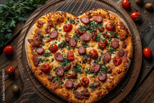 Wallpaper Mural Heart-shaped pizza with salami on wooden board.
 Torontodigital.ca