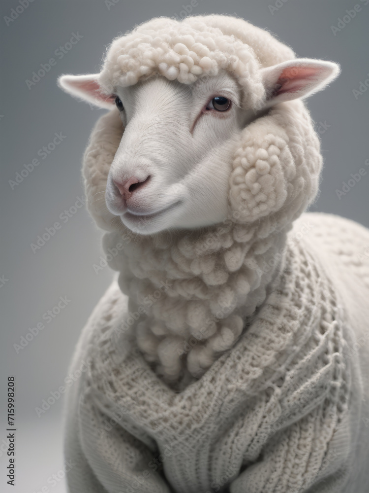 Sheep in knitted sweater poses in studio on monochrome background. Advertisement of knitted wool products of needlework magazine.