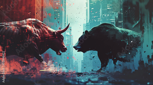 A powerful generative AI illustration showcasing a bull and bear in a symbolic face-off, representing the ever-changing landscape of the financial markets The artwork emphasizes the contrast be