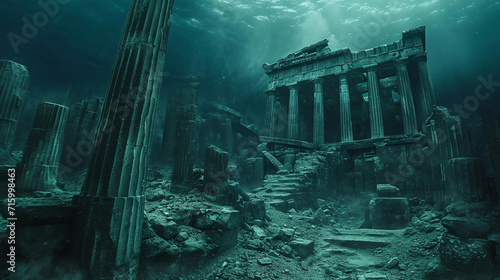 A haunting underwater view of an ancient Greek temple, its ruins lying in the depths of the Atlantic Ocean The temple, with its iconic columns and intricate carvings, is a testament to a bygone