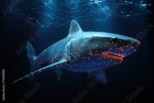 A shark is shrouded in neural connections deep underwater. Character for a computer game. Generated by artificial intelligence