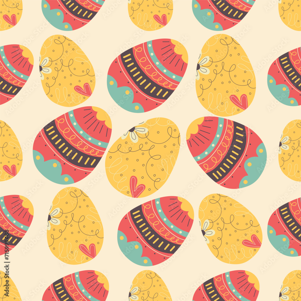 Easter eggs pattern. Happy Easter background with red and yellow egg . Flat colorful seamless design. Stock vector Easter wallpaper illustration Easter eggs pattern. Happy Easter background with red and yellow egg . Flat colorful seamless design. Stock vector Easter wallpaper illustration