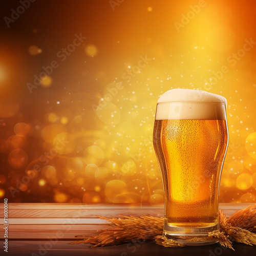 Cold beer glass with frothy head over a warm bokeh background.