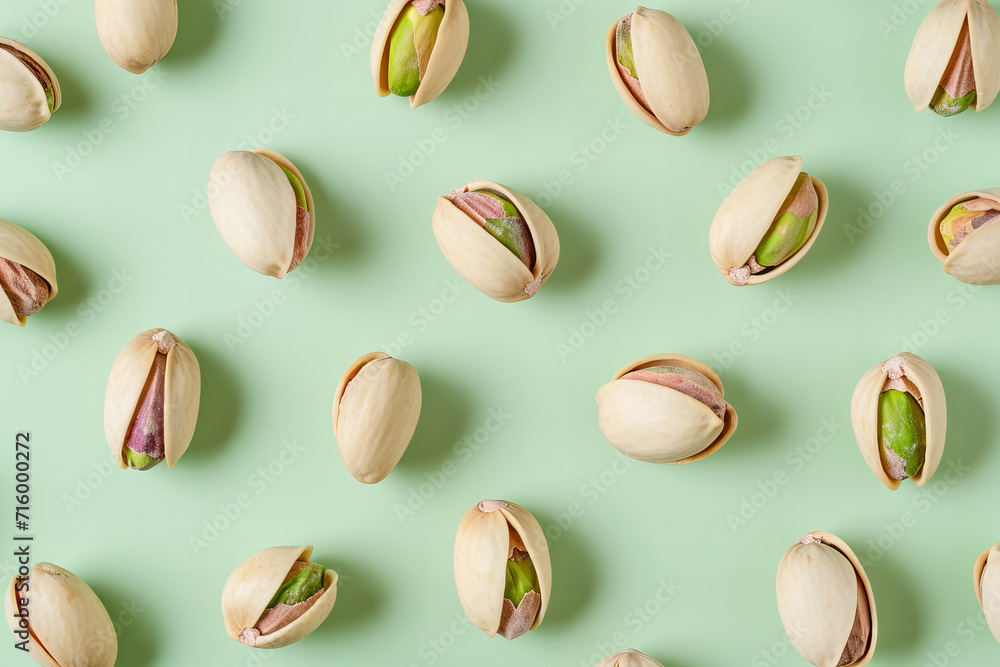 pistachio top view pattern on light pastel green background pistachio top view pattern on light pastel green background