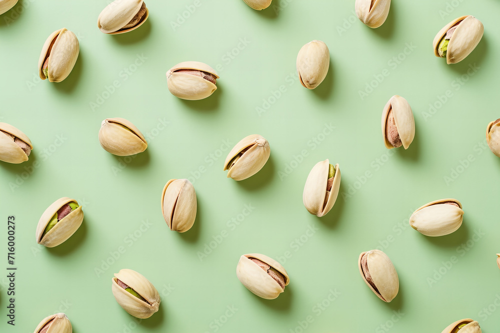 pistachio top view pattern on light pastel green background pistachio top view pattern on light pastel green background