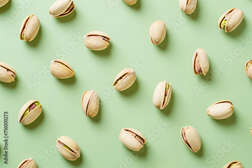 pistachio top view pattern on light pastel green background photo