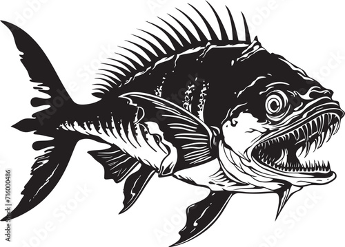 Abyssal Anatomy Iconic Predator Fish Skeleton Logo in Black Vector Spine Chilling Shadows Black Icon Design for Predator Fish Skeleton Emblem © BABBAN
