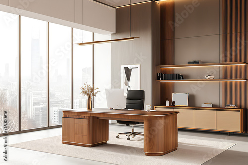 Luxury ceo workplace interior with desk near window, pc desktop and sideboard
 photo