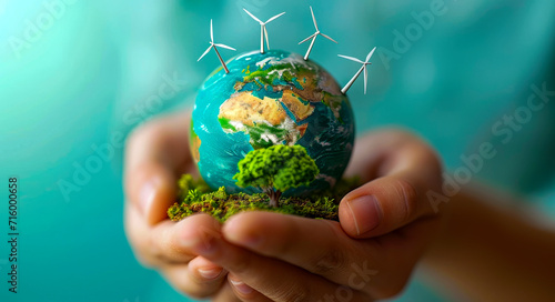 A hand holding a globe with wind turbines and a tree, representing renewable energy.