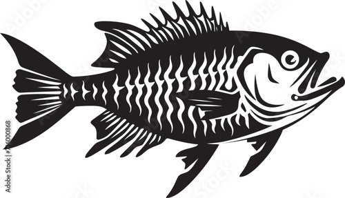 Grisly Glyphs Minimalistic Predator Fish Logo in Black Vector Eerie Exoskeleton Iconic Black Predator Fish Skeleton Vector Design