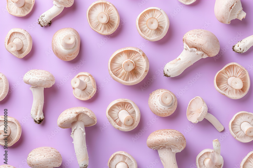 top view pattern s of mushrooms isolated on pastel background top view pattern s of mushrooms isolated on pastel background