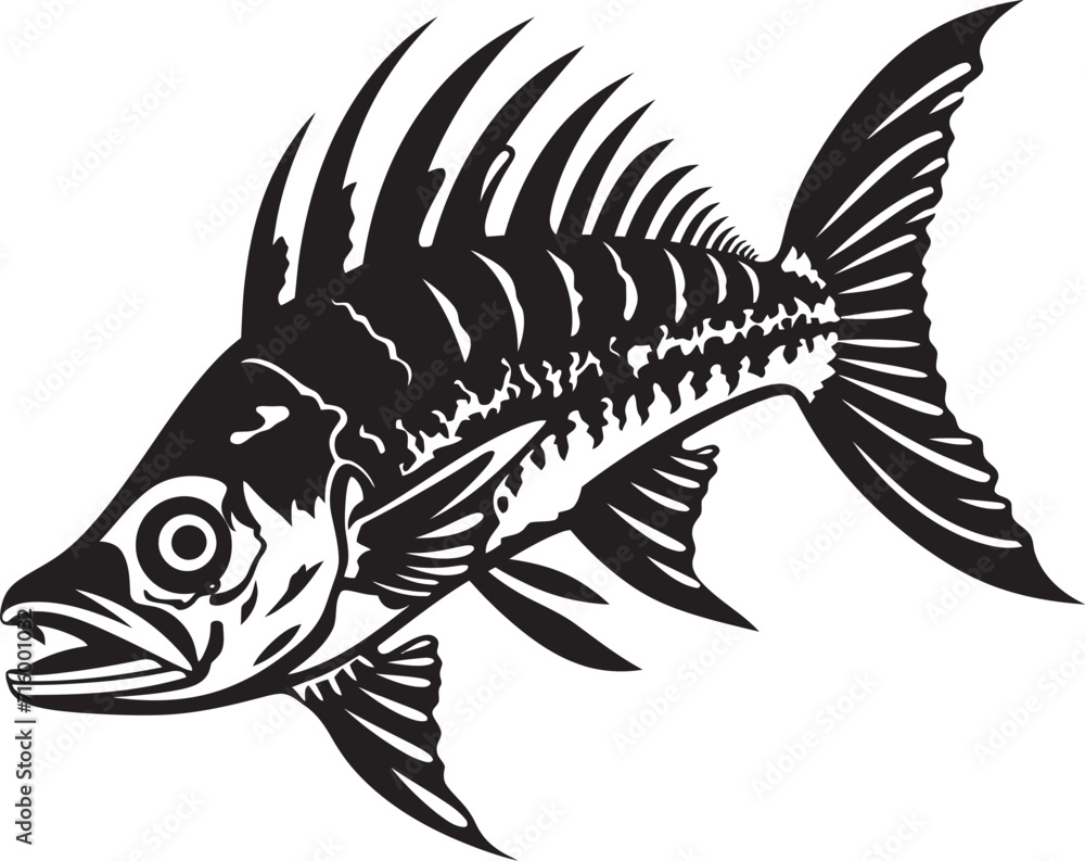 Fototapeta premium Dreadful Dorsal Black Iconic Predator Fish Skeleton Vector Design Bonefish Behemoth Predator Fish Skeleton Logo in Black