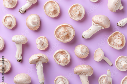 top view pattern s of mushrooms isolated on pastel background photo