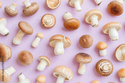 top view pattern s of mushrooms isolated on pastel background