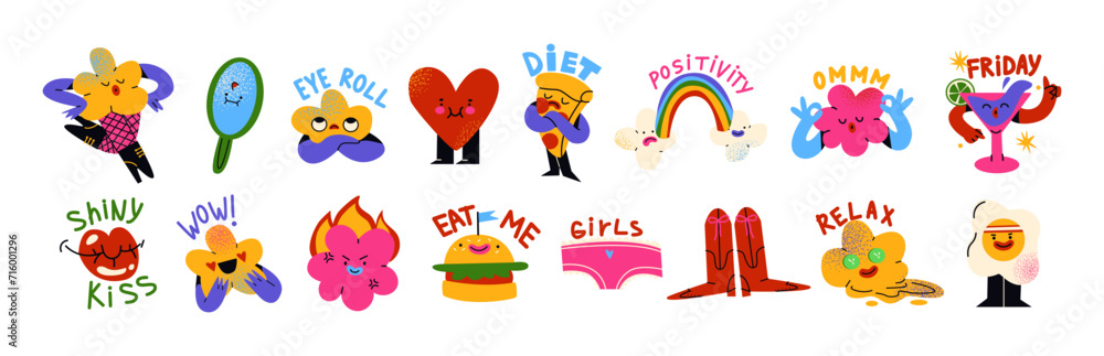 Cartoon retro stickers comic characters. Blots abstract shapes with emotions. Vector doodle groovy funky mascots in 90s style Cartoon retro stickers comic characters. Blots abstract shapes with emotions. Vector doodle groovy funky mascots in 90s style