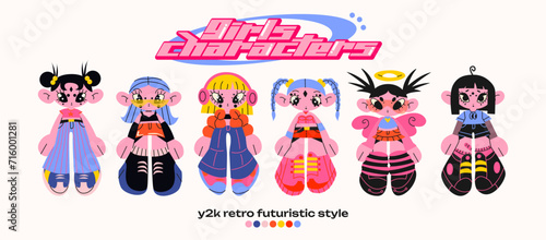 Retro cartoon girl character in Y2K style. Cyber girls with stars for 90s design. Collection of vector funky futuristic objects 