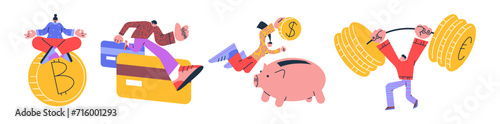 Cartoon characters people finance and money. Vector groovy illustration of online shopping, credit, savings, investment. People with a coin in hand, plastic credit card