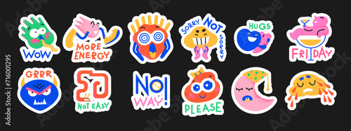 Cartoon retro stickers comic characters. Blots abstract shapes with emotions. Vector doodle groovy funky mascots in 90s style