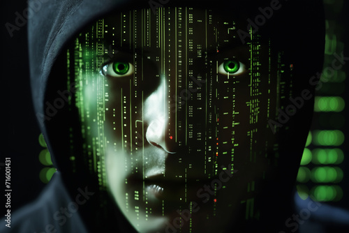 portrait of a hooded man with a face in shadow and with a green hologram in front of him on a dark background, looking like a hacker, cybernetics, digital future concept and cyber art