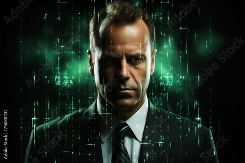 portrait of a man in business suit with green holography and dark background, particles of light, cybernetics, science fiction concept and cyber art