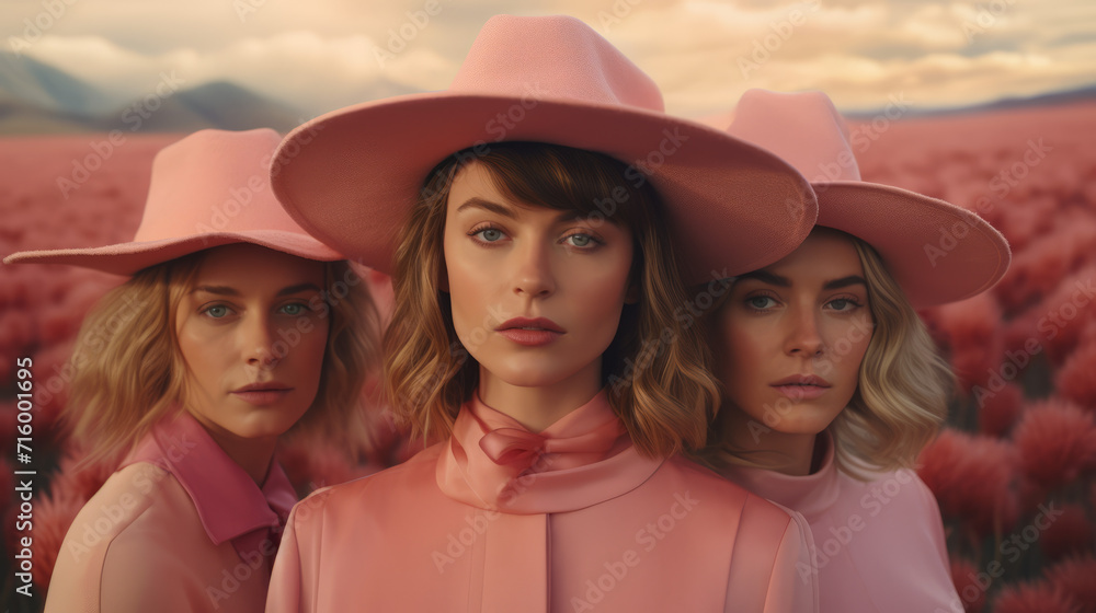 Three women posing wearing pink wool hats, Abstract cinematic portrait. Surreal fashion shoot. A group of vibrant and strong women in their autumn fashion amidst a beautiful western landscape