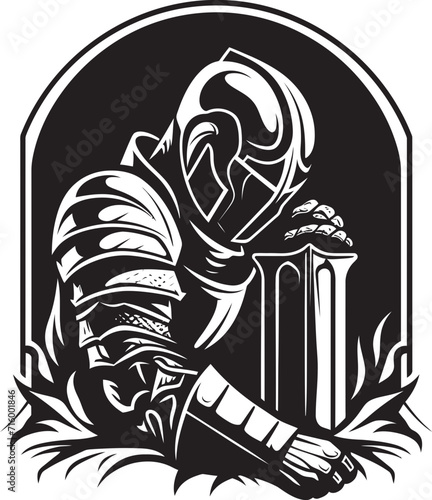 Tearful Tribute Iconic Sad Knight Soldier Logo in Black Vector Lamenting Legionnaire Black Icon Design for Vector Sad Knight Soldier