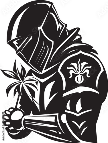 Tearful Tribute Black Icon Design for Vector Sad Knight Soldier Lamenting Legionnaire Iconic Sad Knight Soldier Logo in Black Vector