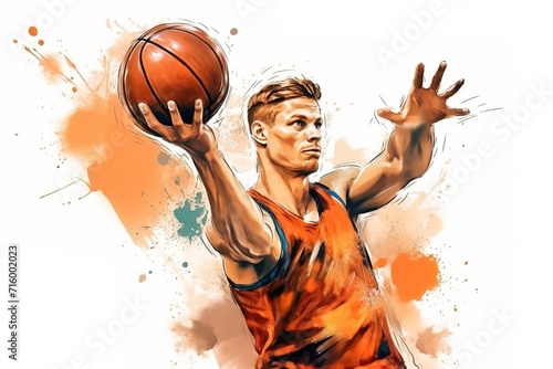 Basketball player catches the ball in orange tones. Generation AI