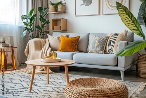 The stylish boho compostion at living room interior with design gray sofa, wooden coffee table, commode and elegant personal accessories. Honey yellow pillow and plaid. Cozy apartment. Home decor photo