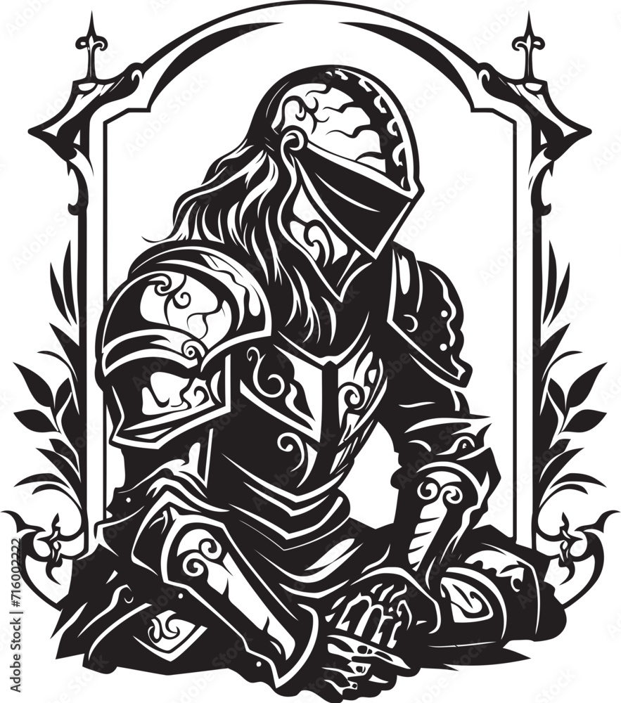 Fototapeta premium Wistful Warrior Black Icon Design for Vector Sad Knight Soldier Regretful Sorrow Iconic Sad Knight Soldier Logo in Black Vector