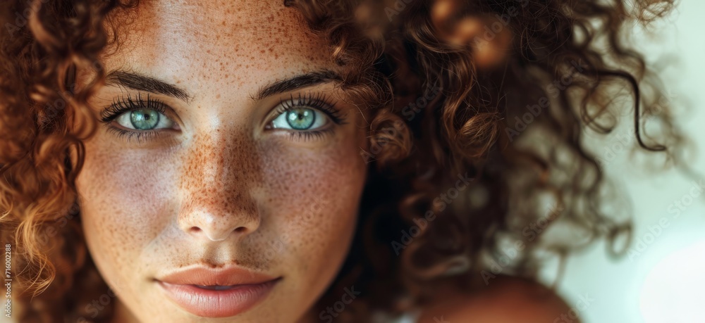 close-up portrait of a curly-haired girl with green-blue eyes Generative AI